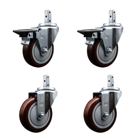 Service Caster 4'' Maroon Polyurethane Wheel Swivel 7/8'' Square Stem Caster Set 2 Brakes, 4PK SCC-SQ20S414-PPUB-MRN-PLB-78-2-S-2